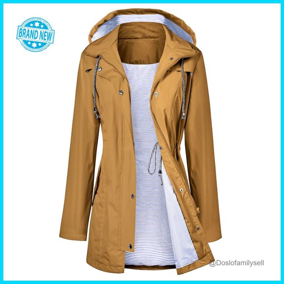 Waterproof Trench Raincoat Hooded Lined Windbreaker Travel Jacket Classic Chic